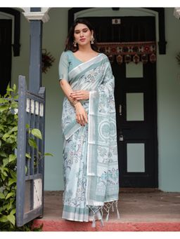 ALMAARI FASHION - Elegant Handloom Linen Blue Tassels Saree with Unstitched Blouse