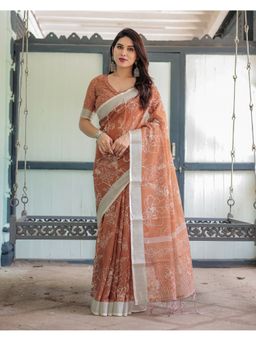 ALMAARI FASHION - Pure Linen Handloom Coral Tassels Saree with Unstitched Blouse