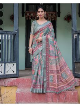 ALMAARI FASHION - Pastel Floral Handloom Linen Teal Tassels Saree with Unstitched Blouse