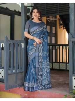 ALMAARI FASHION - Linen Cotton Blend Handloom Blue Tassels Saree with Unstitched Blouse