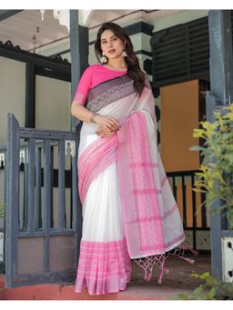 ALMAARI FASHION - Women’S Handloom Linen White Tassels Saree with Unstitched Blouse