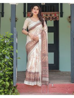 ALMAARI FASHION - Premium Floral Print Handloom Linen Cream Tassels Saree with Unstitched Blouse