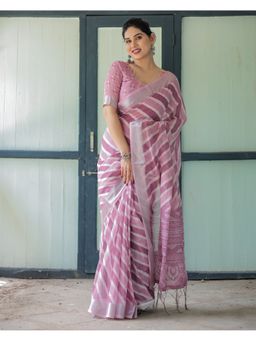 ALMAARI FASHION - Elegant Handloom Linen Purple Tassels Saree with Unstitched Blouse