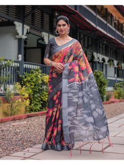ALMAARI FASHION - Designer Floral Print Handloom Linen Black Tassels Saree with Unstitched Blouse