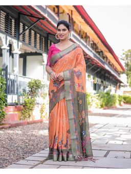ALMAARI FASHION - Women Handloom Linen Orange Saree with Unstitched Blouse