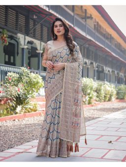 ALMAARI FASHION - Printed Floral Printed Cotton Beige Saree with Unstitched Blouse