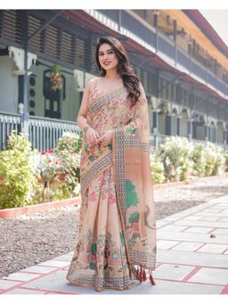 ALMAARI FASHION - Designer Floral Print Cotton Peach Saree with Unstitched Blouse