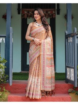 ALMAARI FASHION - Pure Cotton Floral Print Orange Tassels Saree with Unstitched Blouse