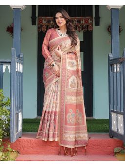 ALMAARI FASHION - Floral Printed Cotton Beige Saree with Unstitched Blouse
