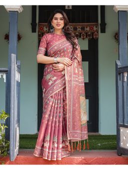ALMAARI FASHION - Graceful Cotton Floral Print Pink Tassels Saree with Unstitched Blouse