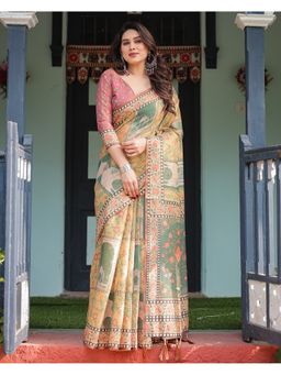 ALMAARI FASHION - Designer Print Cotton Yellow Tassels Saree with Unstitched Blouse