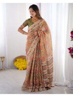 ALMAARI FASHION - Ethnic Cotton Floral Print Orange Saree with Unstitched Blouse