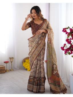 ALMAARI FASHION - Women’S Cotton Floral Printed Beige Tassels Saree with Unstitched Blouse
