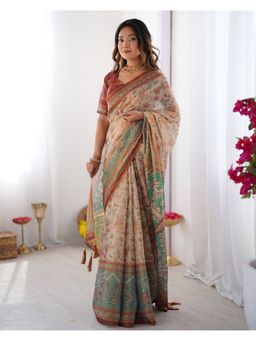 ALMAARI FASHION - Soft Multicolour Floral Print Cotton Beige Tassels Saree with Unstitched Blouse