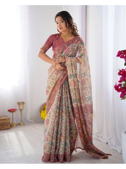 ALMAARI FASHION - Stylish Cotton Floral Print Off White Tassels Saree with Unstitched Blouse