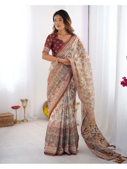 ALMAARI FASHION - Traditional Cotton Floral Off White Tassels Saree with Unstitched Blouse