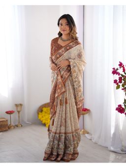 ALMAARI FASHION - Cotton Artistic Floral Print Off White Tassels Saree with Unstitched Blouse