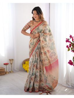 ALMAARI FASHION - Cotton Digital Floral Print Beige Tassels Saree with Unstitched Blouse