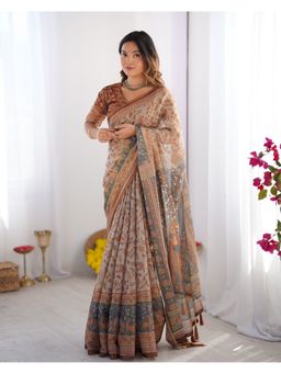 ALMAARI FASHION - Ethnic Cotton Colourful Floral Print Beige Saree with Unstitched Blouse