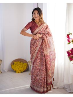 ALMAARI FASHION - Premium Floral Print Cotton Maroon Tassels Saree with Unstitched Blouse