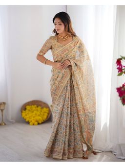 ALMAARI FASHION - Festive Ready Cotton Floral Artwork Cream Saree with Unstitched Blouse