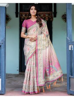 ALMAARI FASHION - Printed Floral Cotton Ivory Tassels Saree with Unstitched Blouse