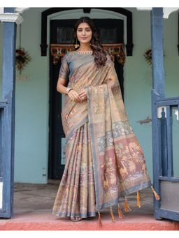 ALMAARI FASHION - Cotton Blend Motif Taupe Tassels Saree with Unstitched Blouse