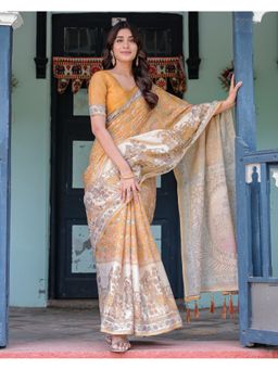 ALMAARI FASHION - Soft Cotton Floral Print Mustard Tassels Saree with Unstitched Blouse