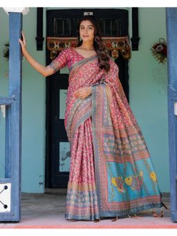 ALMAARI FASHION - Traditional Cotton Floral Pink Saree with Unstitched Blouse