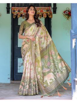 ALMAARI FASHION - Cotton Digital Floral Print Cream Tassels Saree with Unstitched Blouse