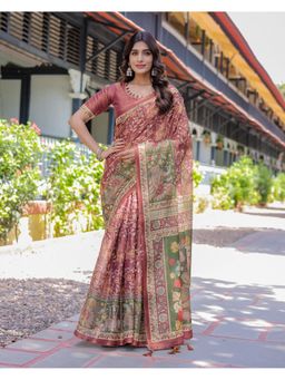 ALMAARI FASHION - Women’S Cotton Floral Printed Wine Saree with Unstitched Blouse
