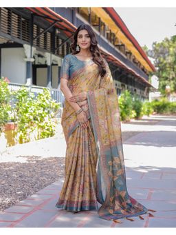 ALMAARI FASHION - Everyday Elegance Cotton Floral Mustard Saree with Unstitched Blouse