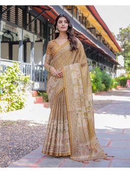ALMAARI FASHION - Cotton Floral Digital Print Mustard Tassels Saree with Unstitched Blouse