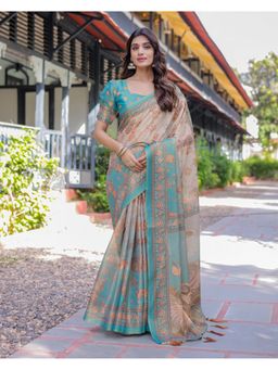 ALMAARI FASHION - Festive Ready Cotton Floral Artwork Ivory Saree with Unstitched Blouse