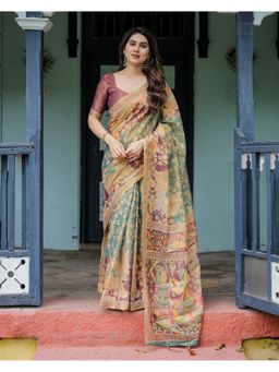 ALMAARI FASHION - Designer Floral Print Cotton Green Tassels Saree with Unstitched Blouse