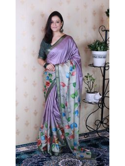ELITE WEAVES - Soft Tussar Silk Kalamkari Printed Purple Saree with Unstitched Blouse