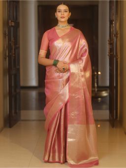 Banarasee - Handwoven Tissue Silver Zari Design Pink Saree with Unstitched Blouse