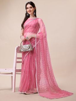 INDDUS - Women Pink Stripes Embellished Saree with Unstitched Blouse