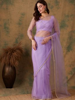 INDDUS - Women Lavender Solid Zari Embroidered Border Saree with Unstitched Blouse
