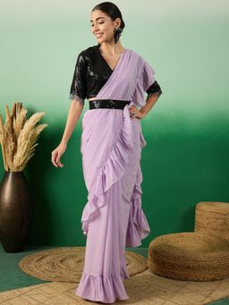 INDDUS - Women Lavender Solid Ruffles Saree with Unstitched Blouse and Belt