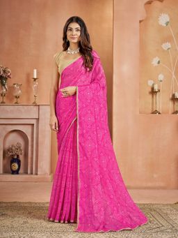 Garden VARELI - Chiffon Bandhani Print Pink Saree with Unstitched Blouse
