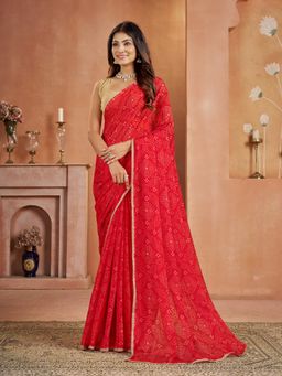 Garden VARELI - Chiffon Bandhani Print Red Saree with Unstitched Blouse