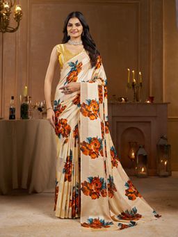 Garden VARELI - Striped Floral Printed Satin Beige Saree with Unstitched Blouse