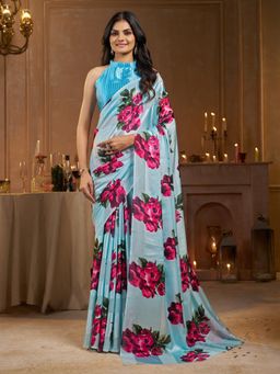 Garden VARELI - Striped Floral Printed Satin Blue Saree with Unstitched Blouse