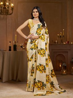 Garden VARELI - Striped Floral Printed Satin Cream Saree with Unstitched Blouse
