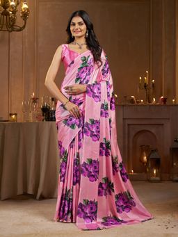 Garden VARELI - Striped Floral Printed Satin Pink Saree with Unstitched Blouse