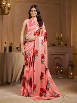 Garden VARELI - Striped Floral Printed Satin Peach Saree with Unstitched Blouse