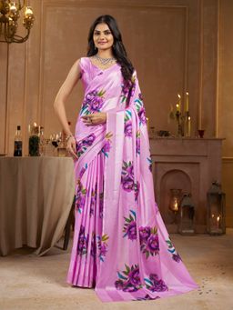 Garden VARELI - Striped Floral Printed Satin Purple Saree with Unstitched Blouse