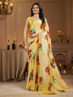 Garden VARELI - Striped Floral Printed Satin Yellow Saree with Unstitched Blouse
