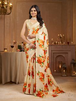 Garden VARELI - Striped Floral Printed Satin Beige Saree with Unstitched Blouse